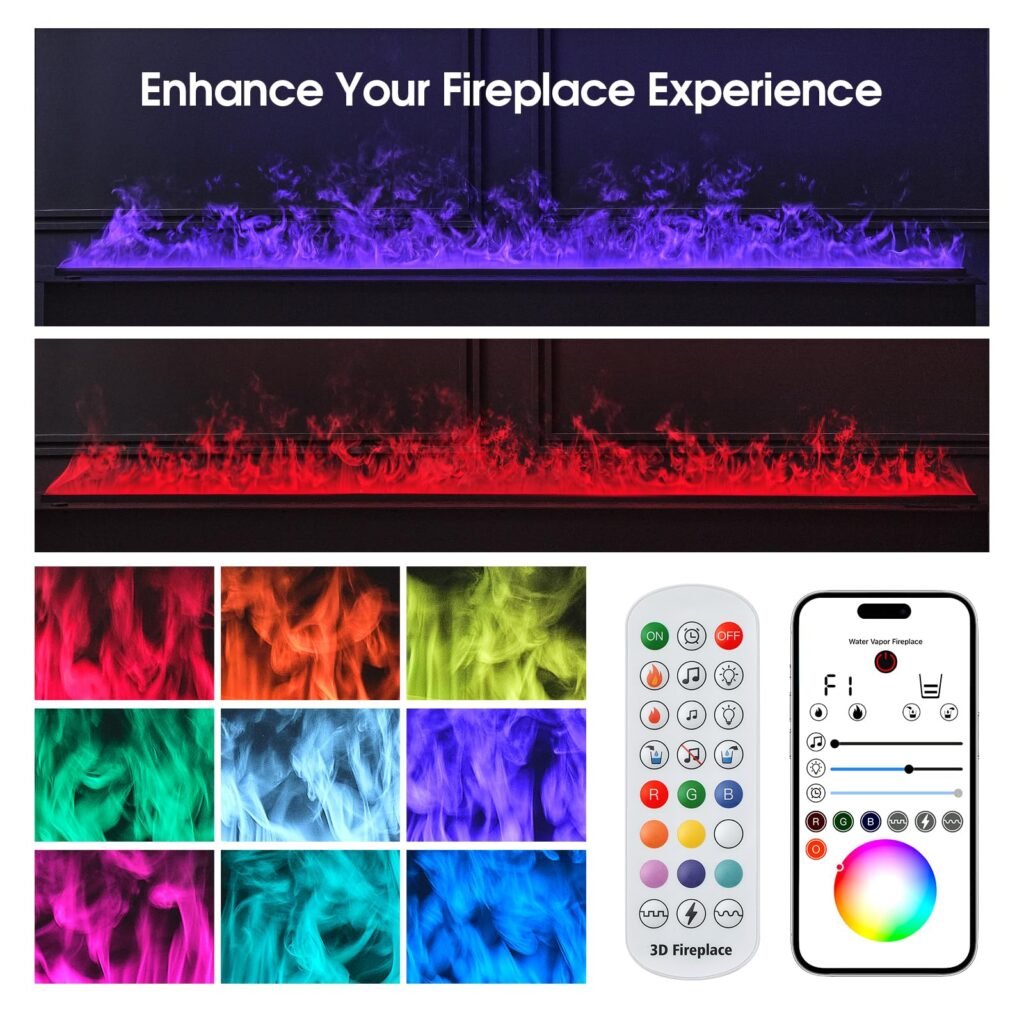 Collage showcasing electric fireplace features. Top images display purple and red flame effects in full-length views. Center grid shows 9 different flame color options. Bottom right presents two control options: a traditional remote with multiple buttons and a smartphone app interface with color wheel. Demonstrates versatility and customization of modern electric fireplaces with smart technology integration.