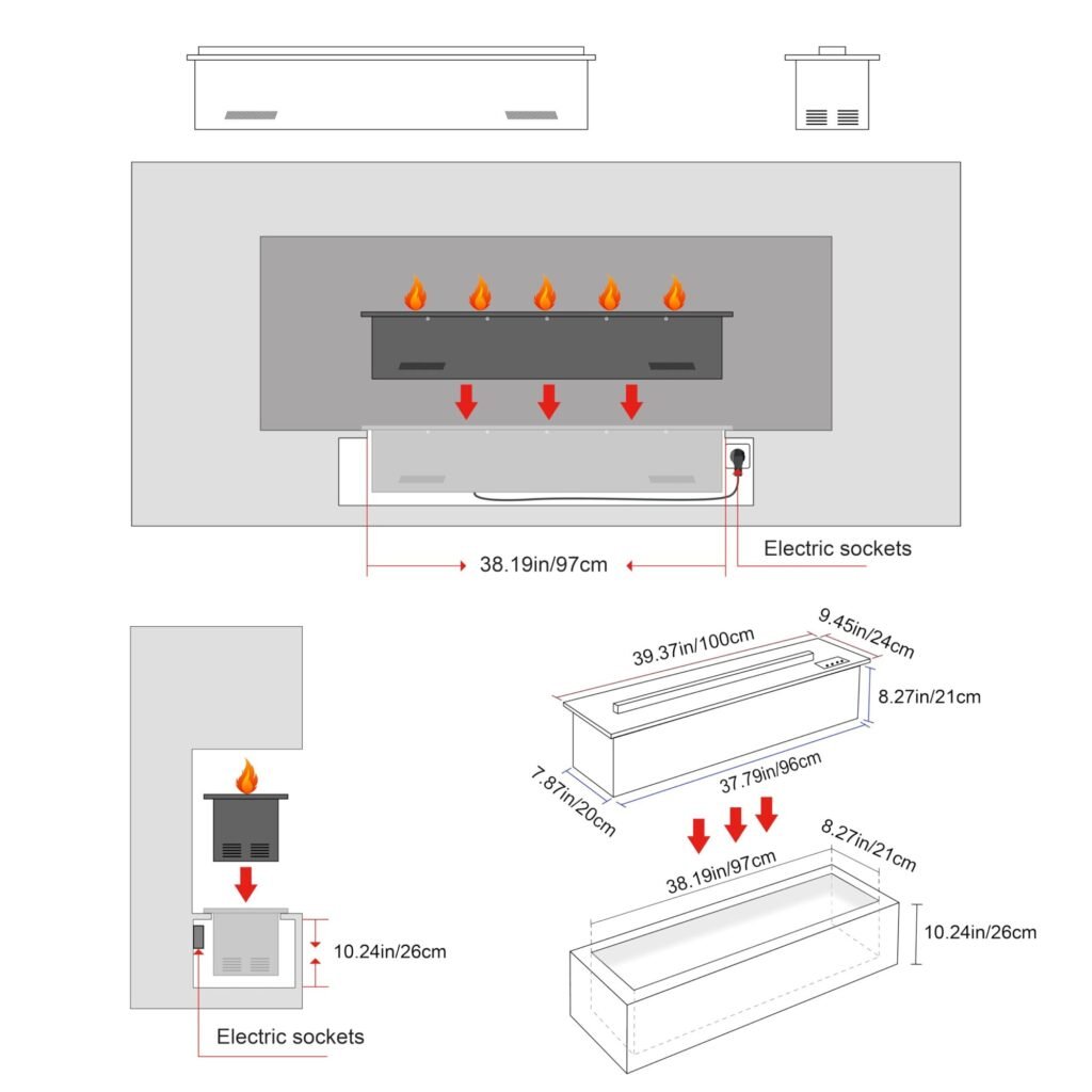 Technical diagram showing installation specifications for a 39-inch electric fireplace insert. Top view displays fireplace placement and electrical socket location. Side view illustrates vertical installation with dimensions. Bottom right shows 3D rendering of fireplace insert with precise measurements: 39.37 inches long, 9.45 inches wide, 8.27 inches high. Provides comprehensive guidance for proper electric fireplace setup and integration.