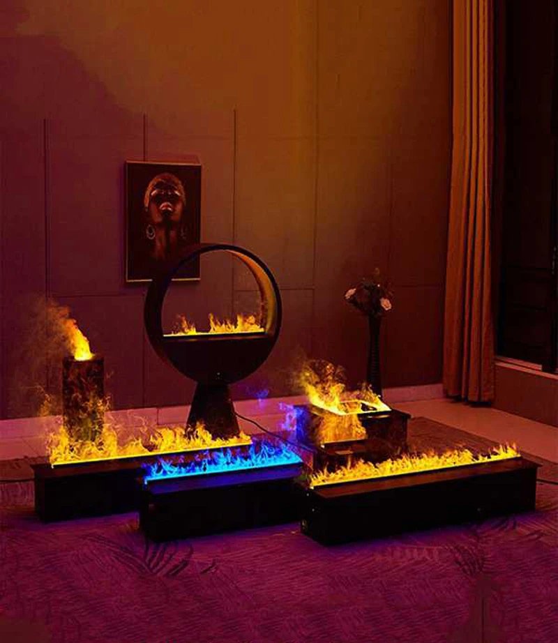 Striking display of modern electric fireplaces in a dimly lit room. Multiple rectangular units showcase realistic flame effects in yellow, orange, and blue, creating a warm ambiance. A unique circular fireplace stands out, complemented by a portrait on the wall. The purple-tinted carpet and warm wall colors enhance the cozy atmosphere, demonstrating the versatility of contemporary fireplace designs for home decor.