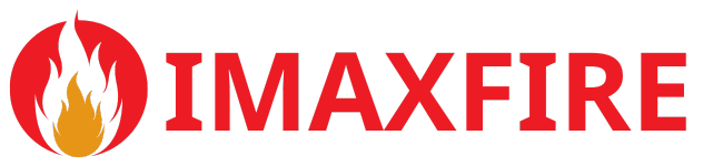 Horizontal logo for IMAXFIRE featuring a stylized flame icon and brand name. The logo consists of a red circular emblem with a black and yellow flame silhouette on the left, followed by the word 'IMAXFIRE' in bold red capital letters. The flame icon uses sharp, dynamic lines to suggest movement and heat. The entire logo is set against a black background, creating a striking contrast that emphasizes the fiery theme and bold branding.